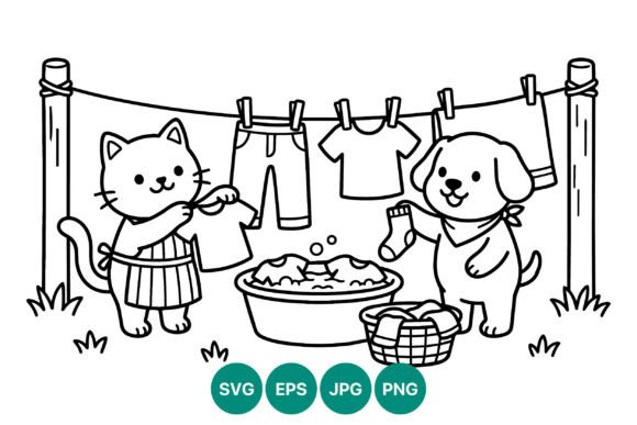 Cat and Dog Hanging Clothes Vector Art Review