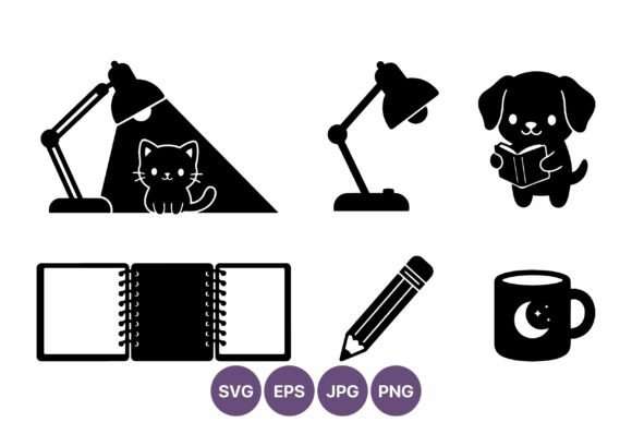 Cat and Dog Reading Icons Black White
