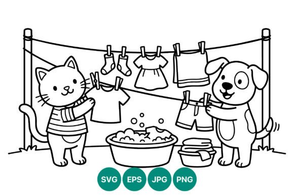 Cute Cat Dog Hanging Laundry Vector Line Review