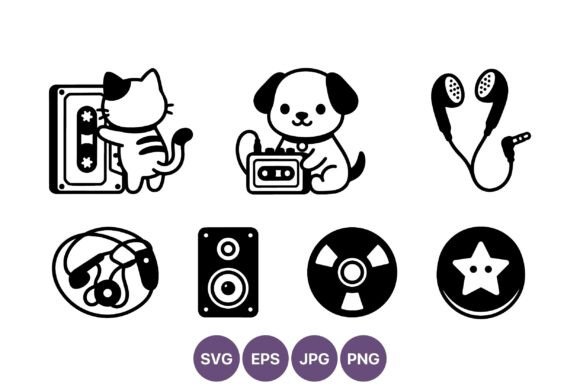 Cute Cat Dog Music Icons Vector Review