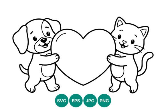 Cute Dog and Cat Heart Line Art Review