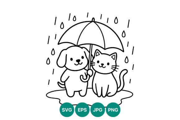 Cute Dog and Cat Under Umbrella Line Art Review