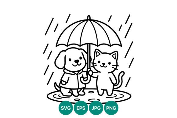 Cute Dog and Cat Under Umbrella Vector Review