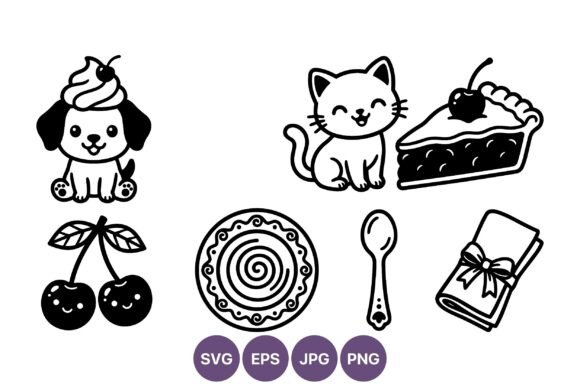 Cute Dog Cat Cherry Pie Dessert Icons
