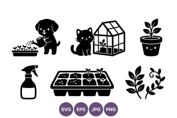Cute Dog Watering Seedlings Cat Near