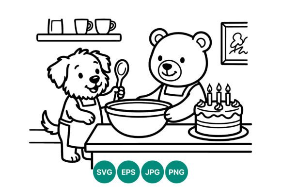 Dog and Bear Baking Cake Vector Art Review