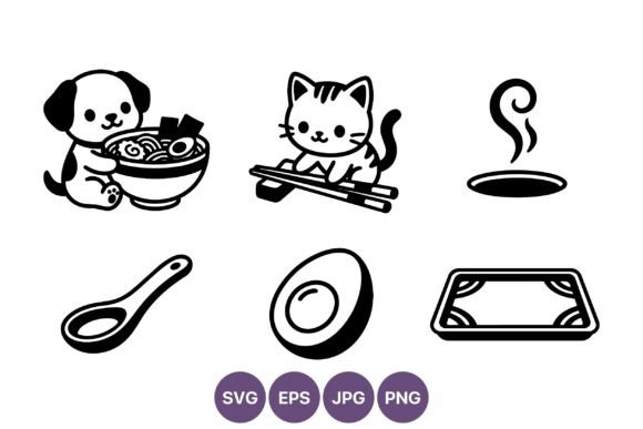 Dog and Cat Ramen Vector Art Icons