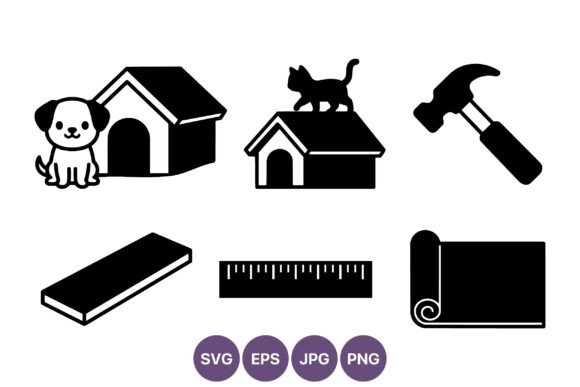Dog Cat Houses Hammer Ruler Blueprint