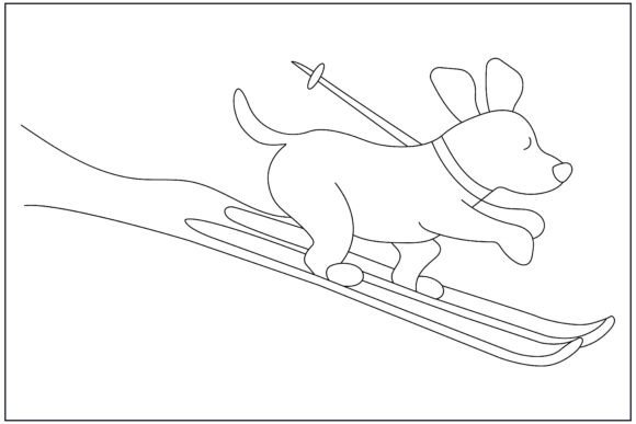 Dog Skiing Downhill Line Art
