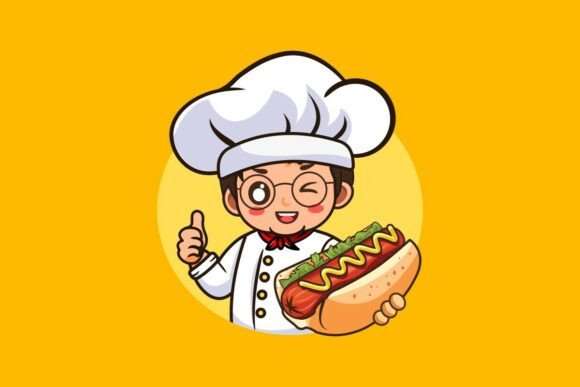 Happy Chef Holding Hot Dog Logo Design