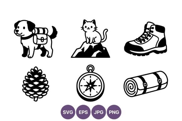 Hiking Dog Cat and Outdoor Gear Icons