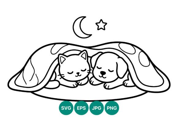 Sleeping Cat Dog Under Moon Blanket